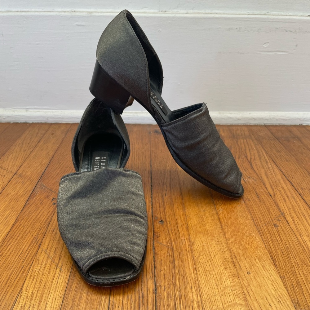 STUART WEITZMAN Metallic Gunmetal Gray Sparkle Peep-Toe Sandal Heel Shoes. 8.5